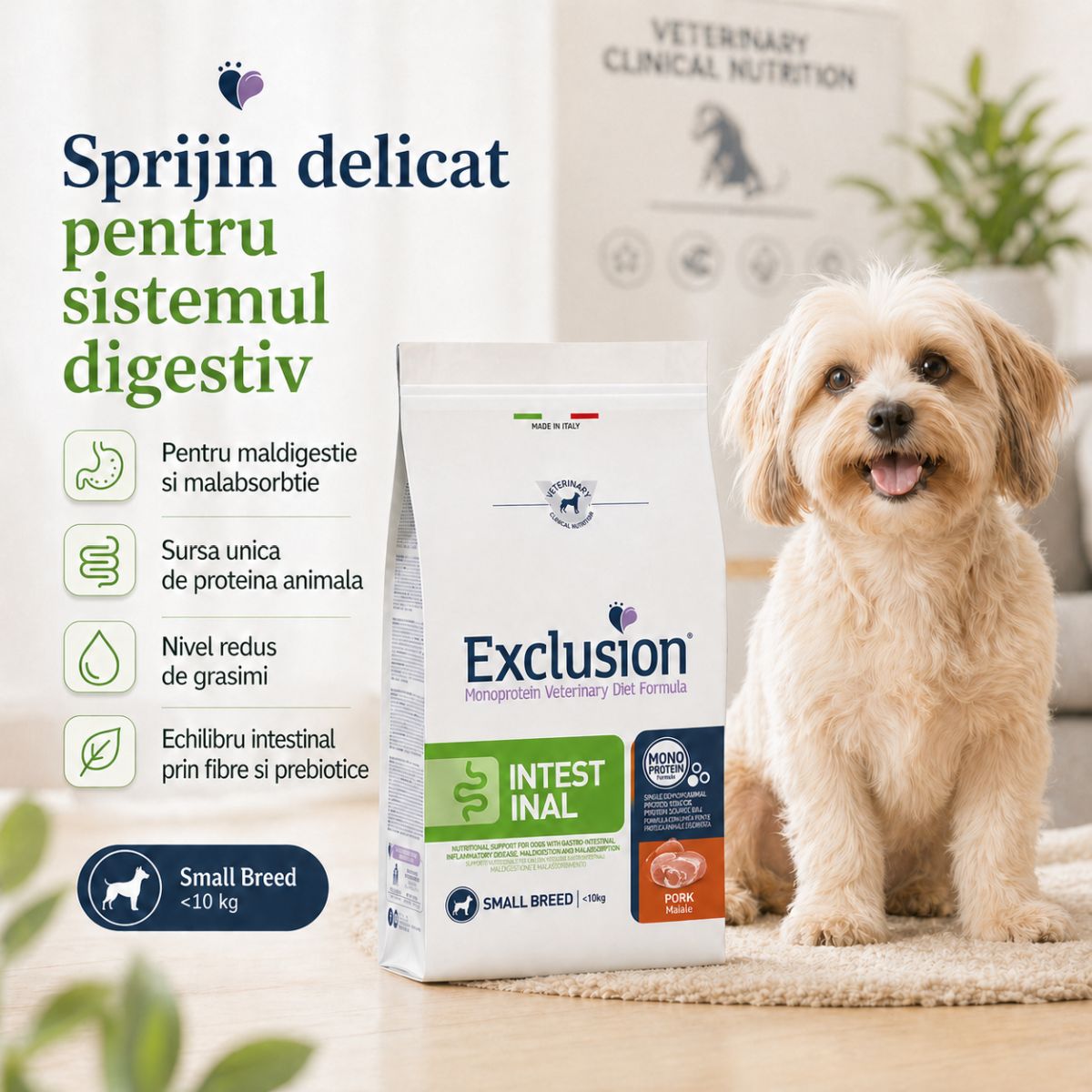 EXCLUSION Monoprotein VD Intestinal Small, XS-S, Porc și Orez, dietă veterinară, hrană uscată câini, sistem digestiv, 2kg - imagine 4